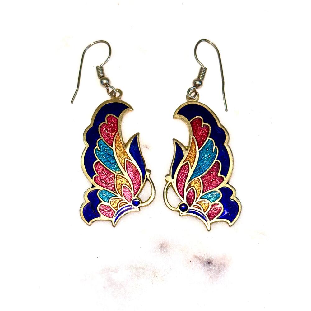 Cloisonne Multicolor Enamel Butterfly Dangle Drop Earrings - Picture 2 of 5